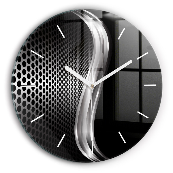 Round glass clock Black metal abstraction