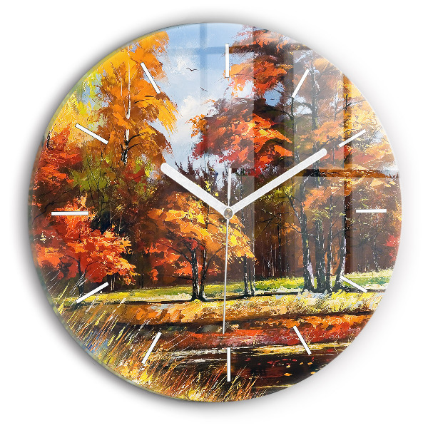 Round glass clock Autumn landscape with a river