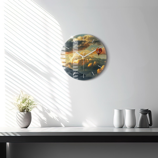 Round glass clock Balloon flight in the clouds