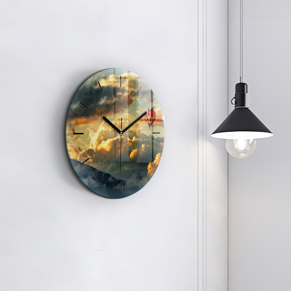 Round glass clock Balloon flight in the clouds