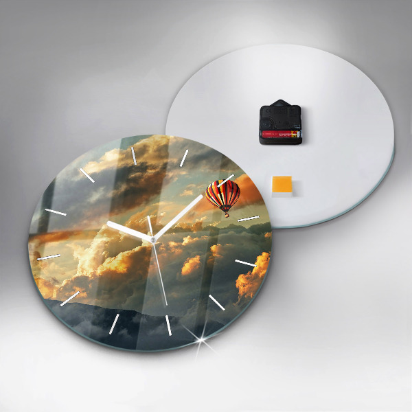 Round glass clock Balloon flight in the clouds