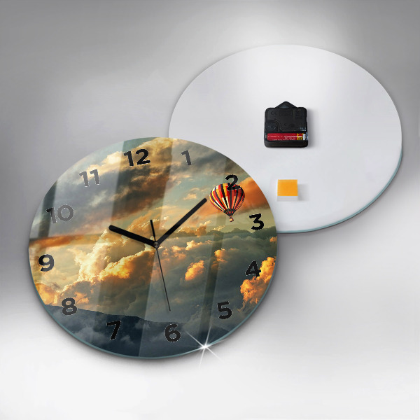 Round glass clock Balloon flight in the clouds