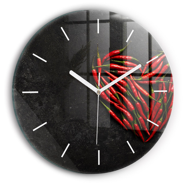 Round glass clock Heart of peppers