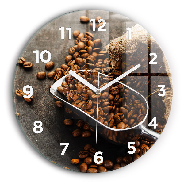 Round glass clock A bag of coffee beans