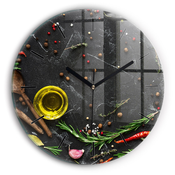 Round glass clock Spices on the counter