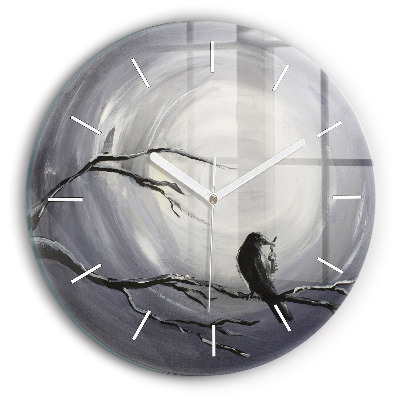 Round glass clock Raven in the moonlight