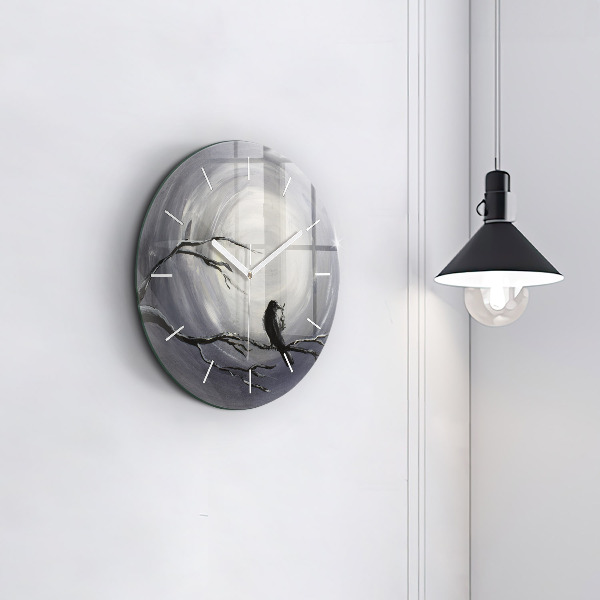 Round glass clock Raven in the moonlight