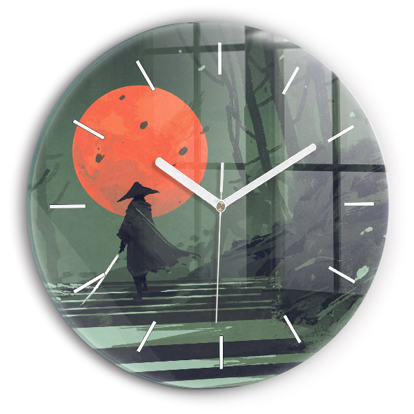 Round glass clock Samurai in the forest