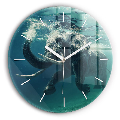 Round glass clock Swimming elephant in the ocean