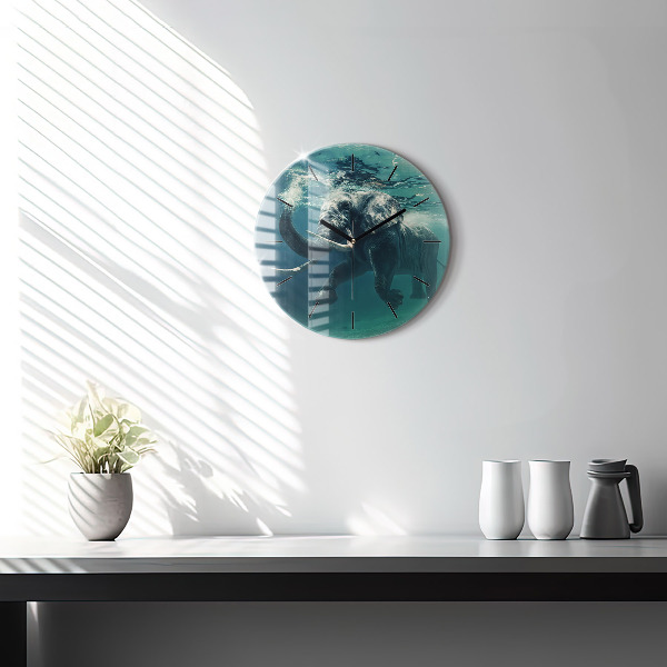 Round glass clock Swimming elephant in the ocean
