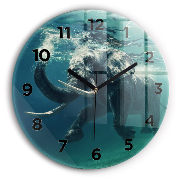 Round glass clock Swimming elephant in the ocean