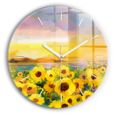 Round glass clock Sunflower Field