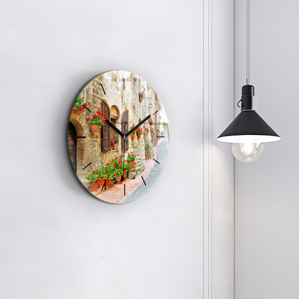 Round glass clock A picturesque street