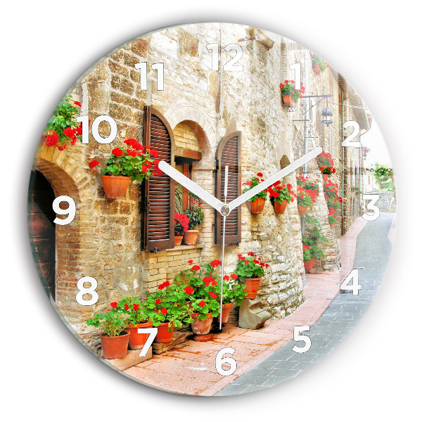 Round glass clock A picturesque street