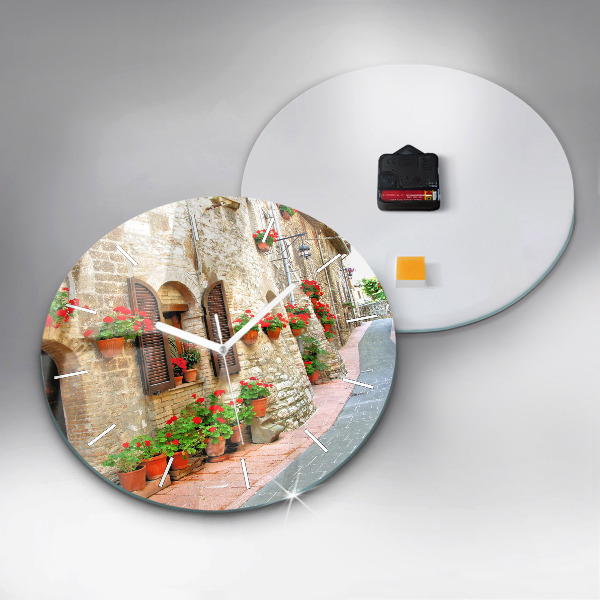 Round glass clock A picturesque street