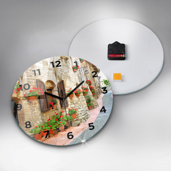Round glass clock A picturesque street
