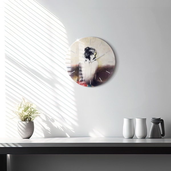 Round glass clock Abstract portrait of a woman