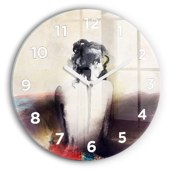Round glass clock Abstract portrait of a woman