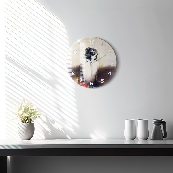 Round glass clock Abstract portrait of a woman