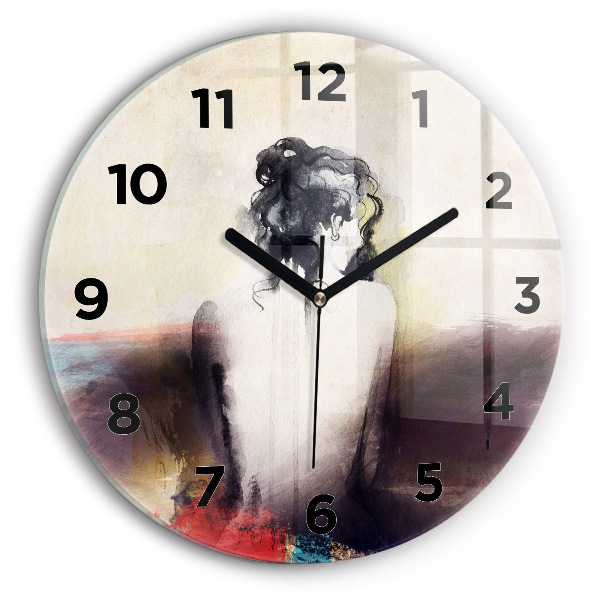 Round glass clock Abstract portrait of a woman