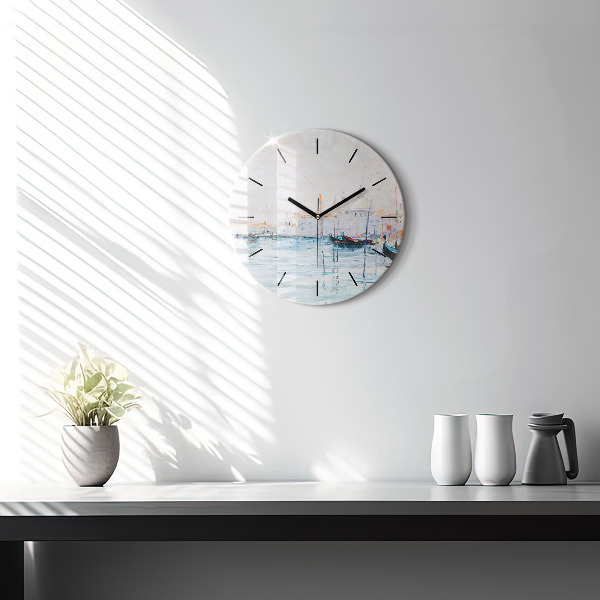 Round glass clock Oil painting yacht sea