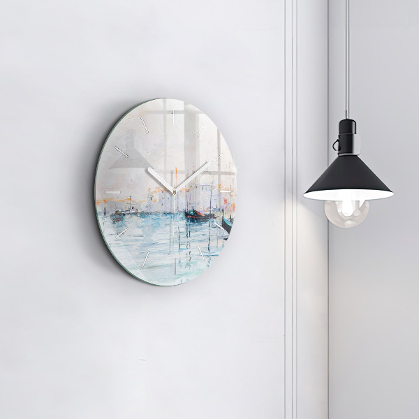 Round glass clock Oil painting yacht sea