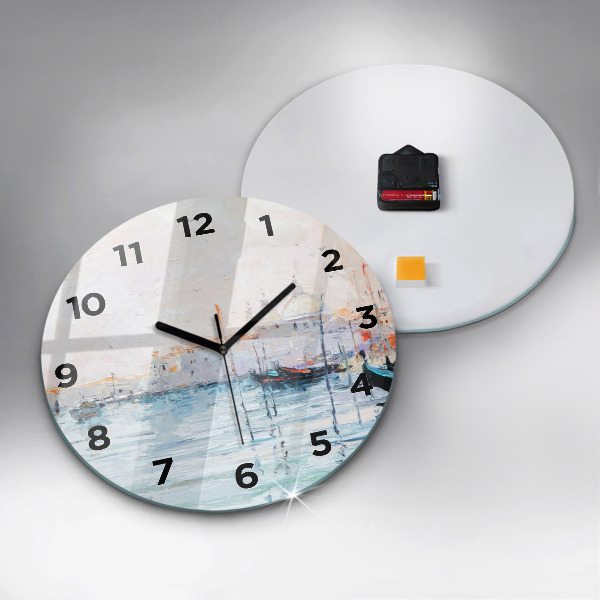 Round glass clock Oil painting yacht sea