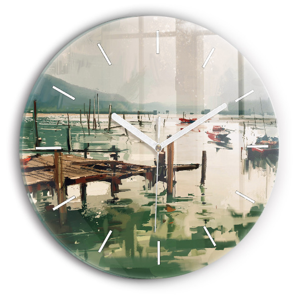 Round glass clock Fishing boats in the port