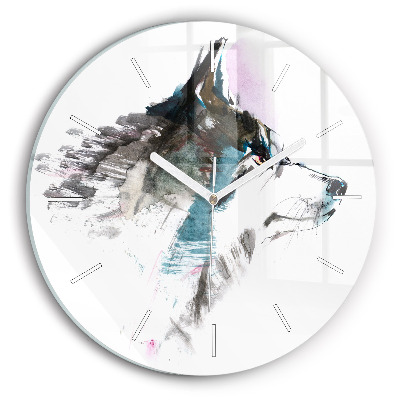 Round glass clock Painted Wolf Profile
