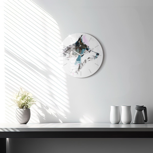 Round glass clock Painted Wolf Profile