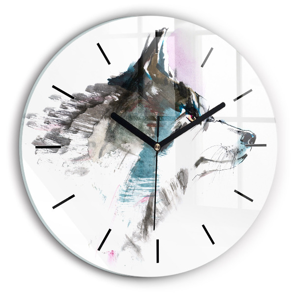 Round glass clock Painted Wolf Profile