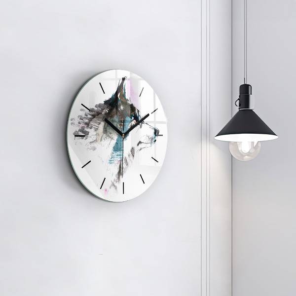 Round glass clock Painted Wolf Profile