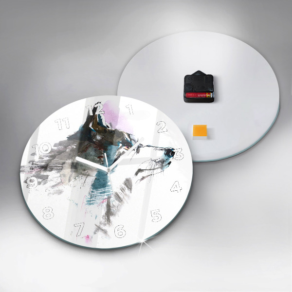 Round glass clock Painted Wolf Profile