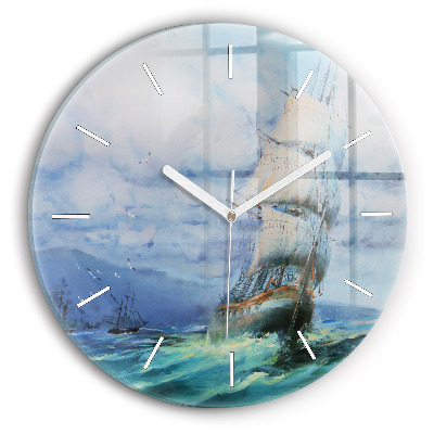Round glass clock A ship on the water