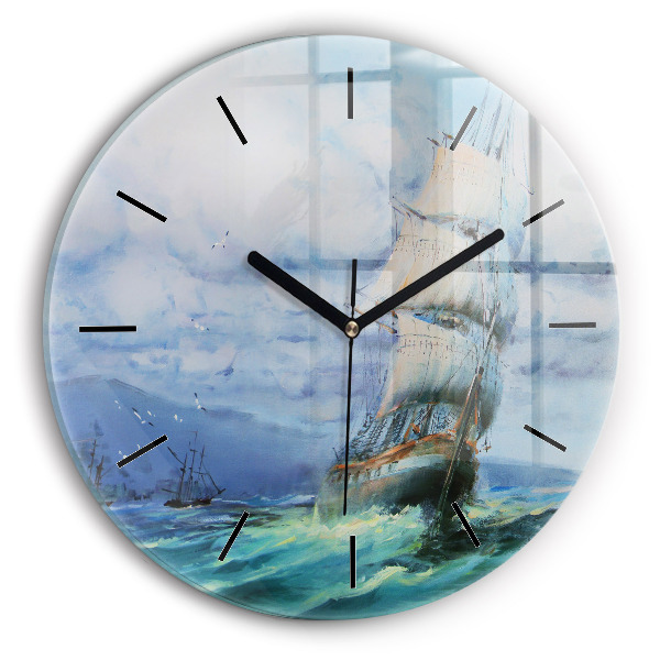 Round glass clock A ship on the water