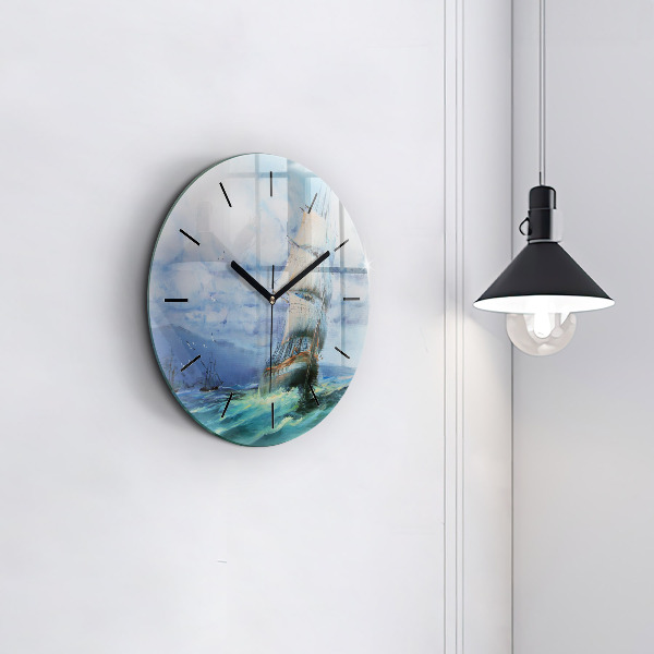 Round glass clock A ship on the water