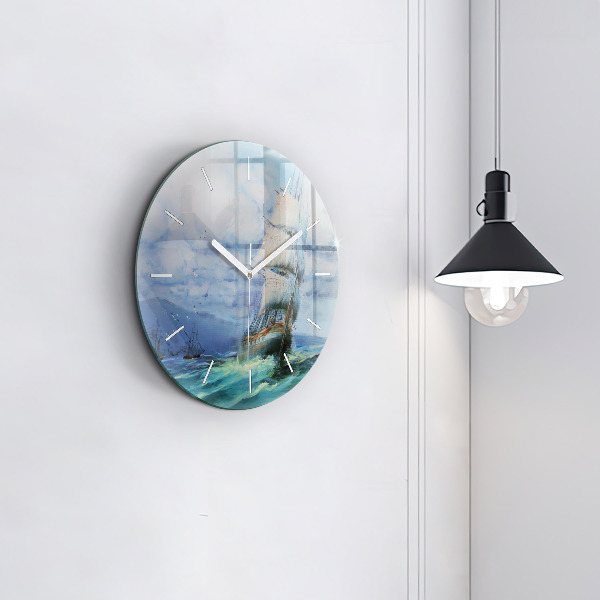 Round glass clock A ship on the water