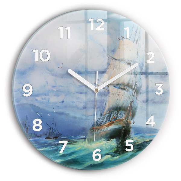 Round glass clock A ship on the water