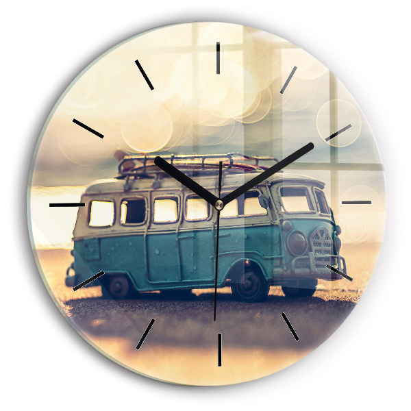 Round glass clock Camper on the beach