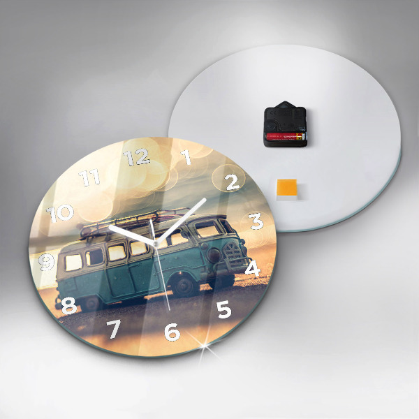 Round glass clock Camper on the beach