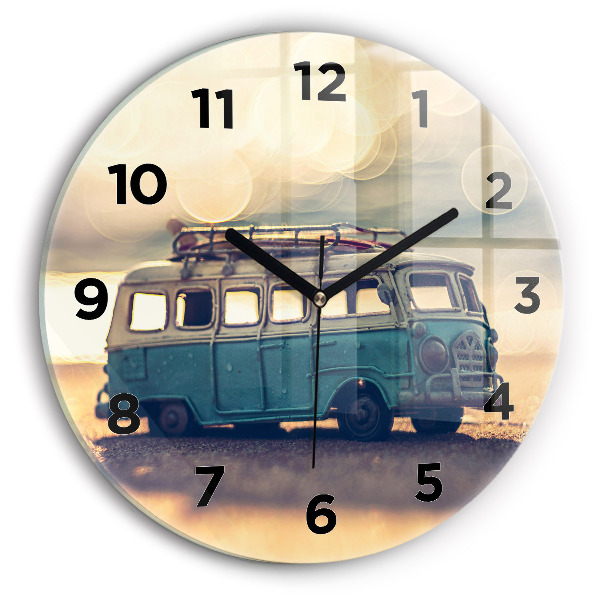 Round glass clock Camper on the beach