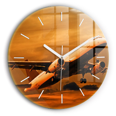 Round glass clock Travel by plane