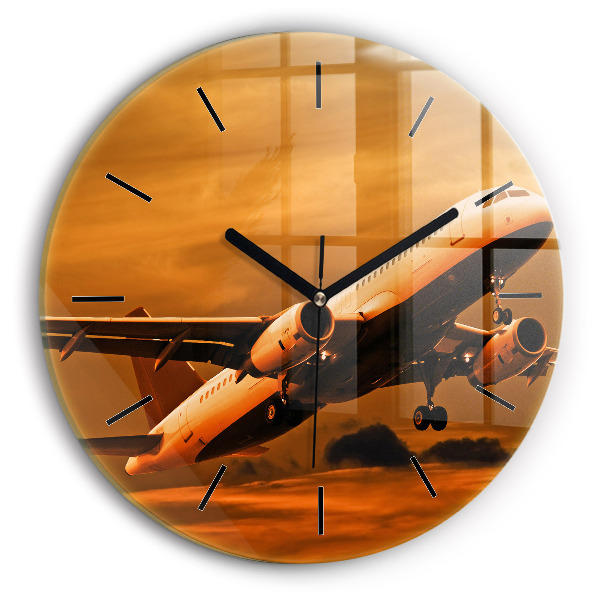 Round glass clock Travel by plane
