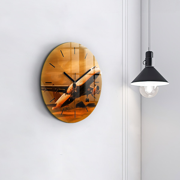 Round glass clock Travel by plane
