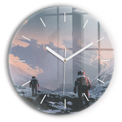 Round glass clock Astronauts abstract