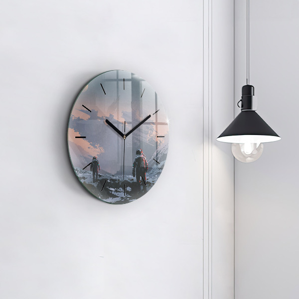 Round glass clock Astronauts abstract