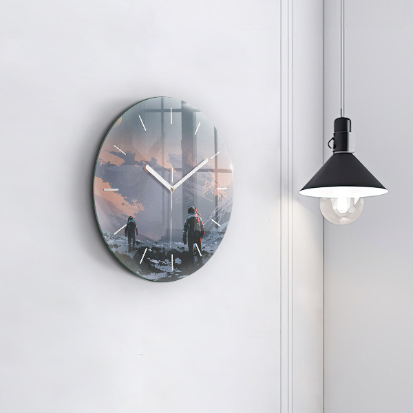 Round glass clock Astronauts abstract