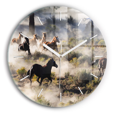 Round glass clock A herd of rushing horses