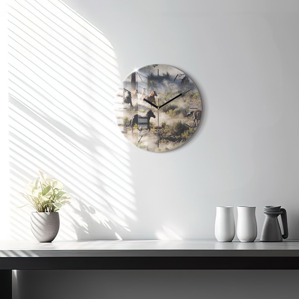 Round glass clock A herd of rushing horses
