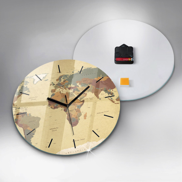 Round glass clock Vintage World Map